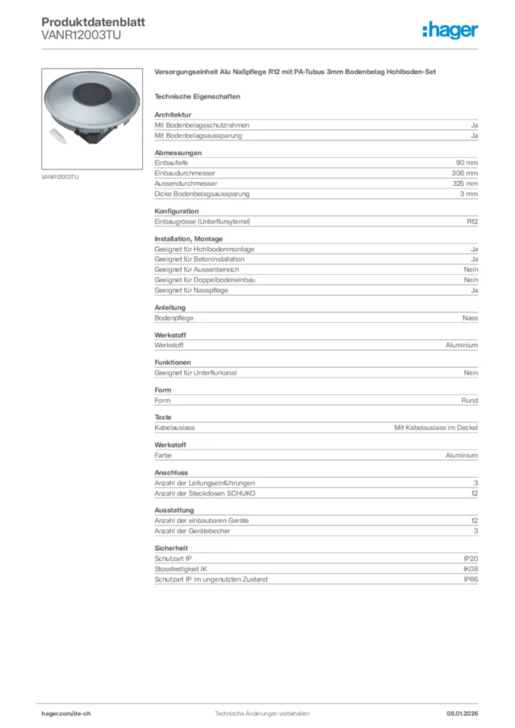 Bild Hager Produktdatenblatt VANR12003TU | Hager Schweiz