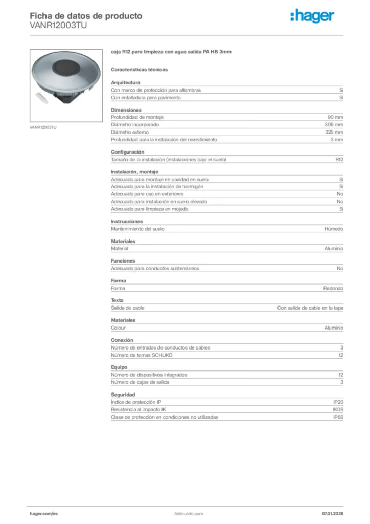 Imagen Hager Ficha de datos de producto VANR12003TU | Hager España