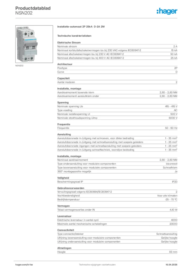 Afbeelding Hager Productdatablad NSN202 | Hager Belgium