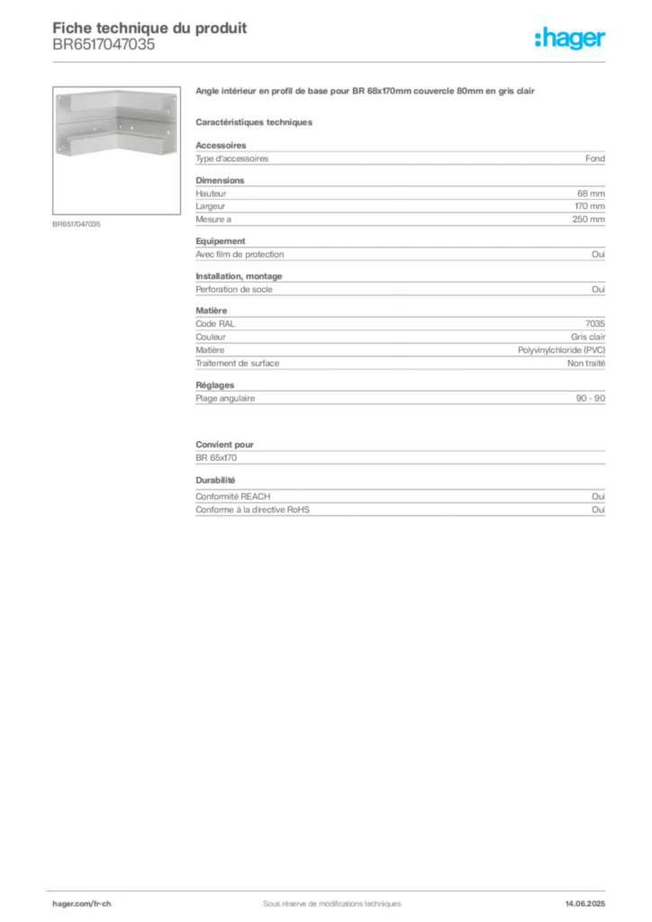 Image Hager Fiche technique du produit BR6517047035 | Hager Suisse