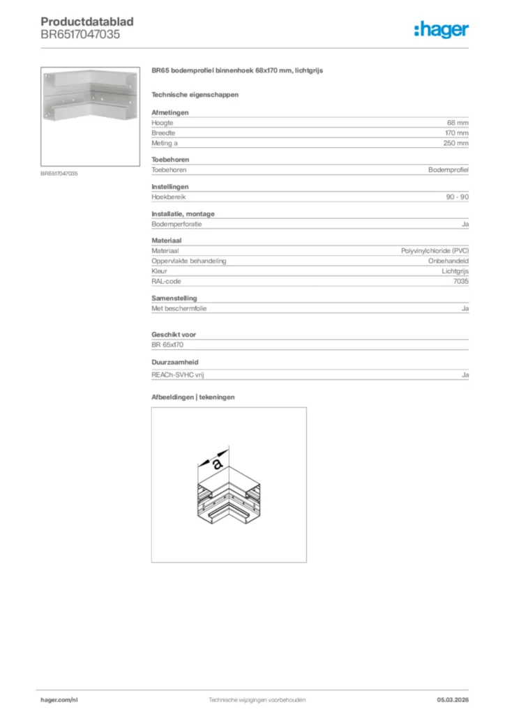 Afbeelding Hager Productdatablad BR6517047035 | Hager Nederland