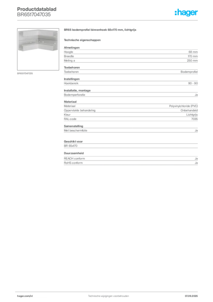 Afbeelding Hager Productdatablad BR6517047035 | Hager Nederland
