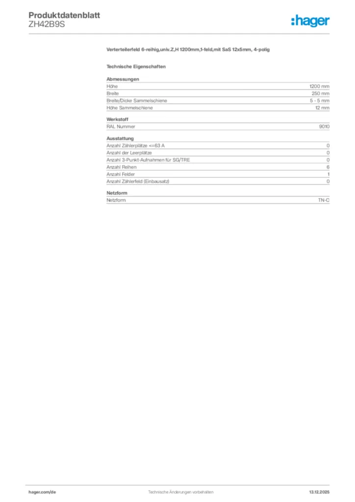 Bild Hager Produktdatenblatt ZH42B9S | Hager Deutschland