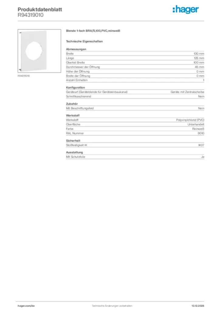 Bild Hager Produktdatenblatt R94319010 | Hager Deutschland