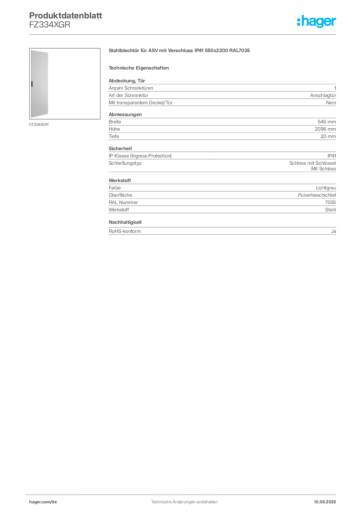 Bild Hager Produktdatenblatt FZ334XGR | Hager Deutschland