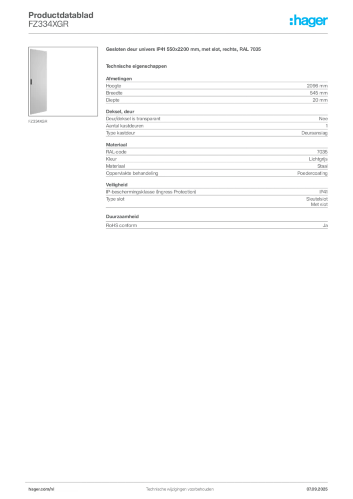 Afbeelding Hager Productdatablad FZ334XGR | Hager Nederland