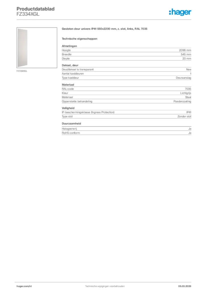 Afbeelding Hager Productdatablad FZ334XGL | Hager Nederland