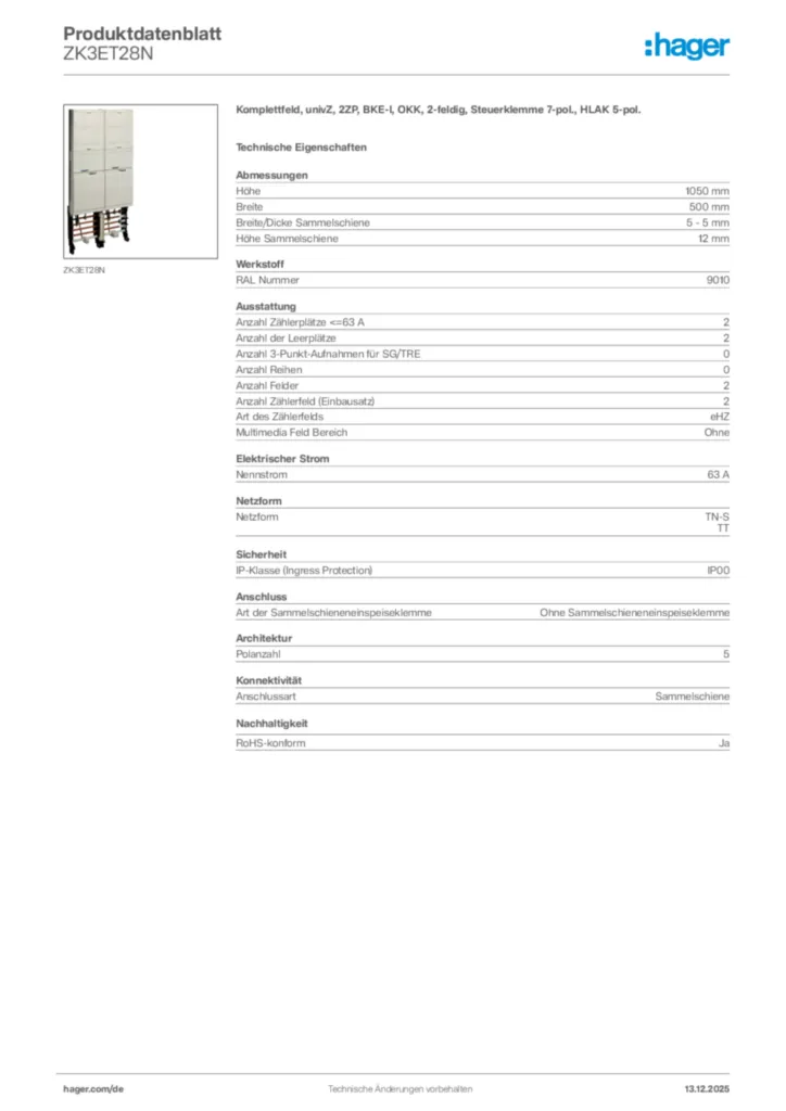 Bild Hager Produktdatenblatt ZK3ET28N | Hager Deutschland