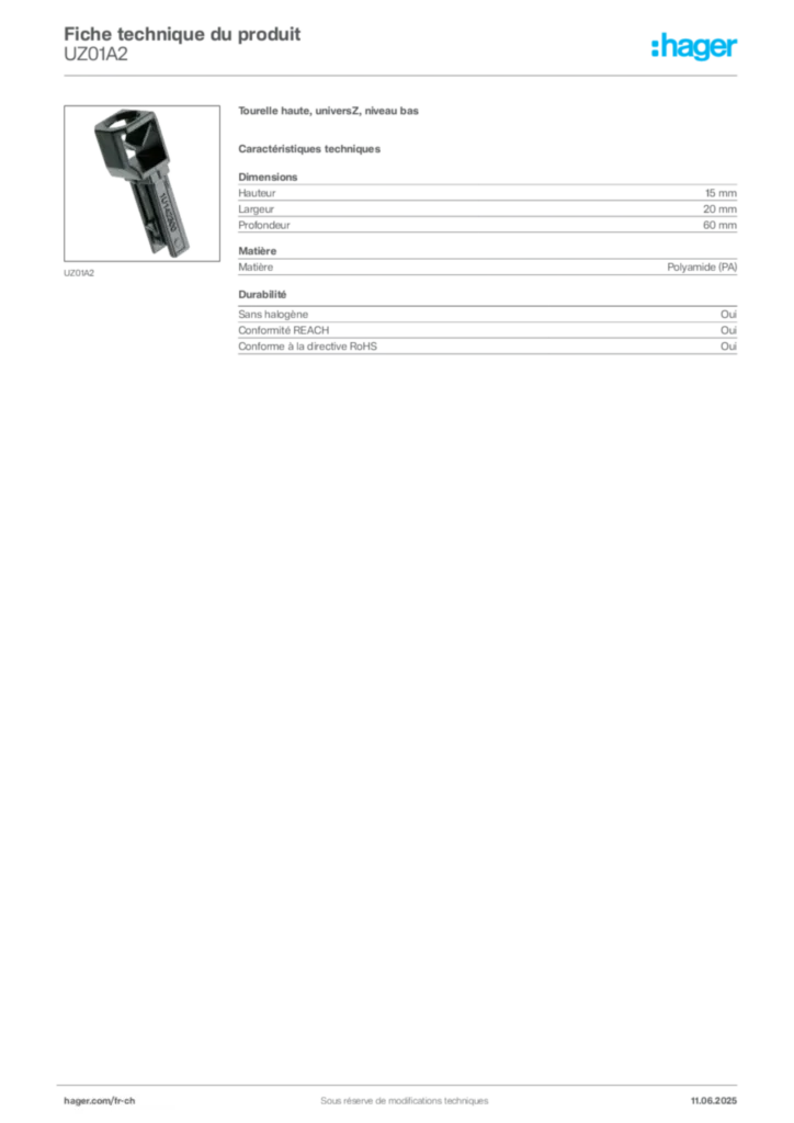 Image Hager Fiche technique du produit UZ01A2 | Hager Suisse