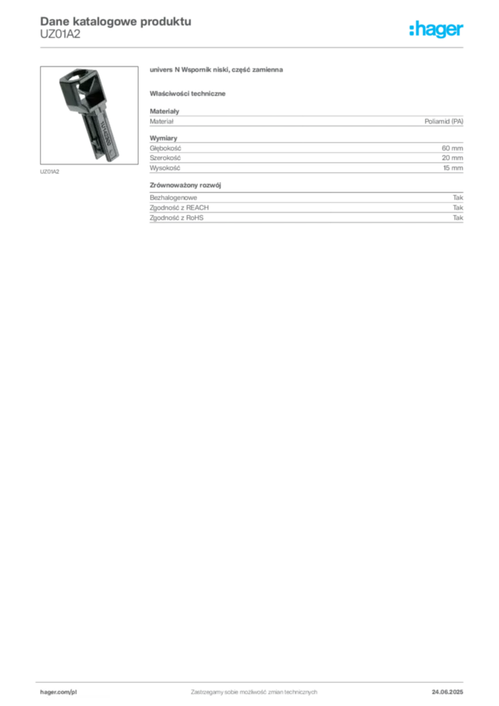Zdjęcie Hager Karta katalogowa UZ01A2 | Hager Polska