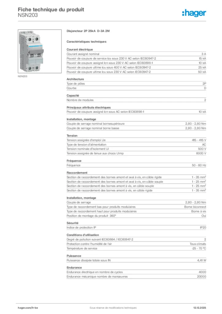 Image Hager Fiche technique du produit NSN203 | Hager Belgique