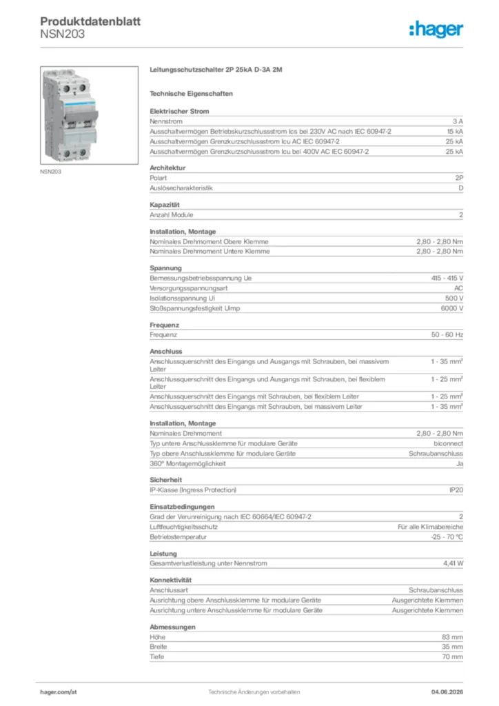Bild Hager Produktdatenblatt NSN203 | Hager Deutschland