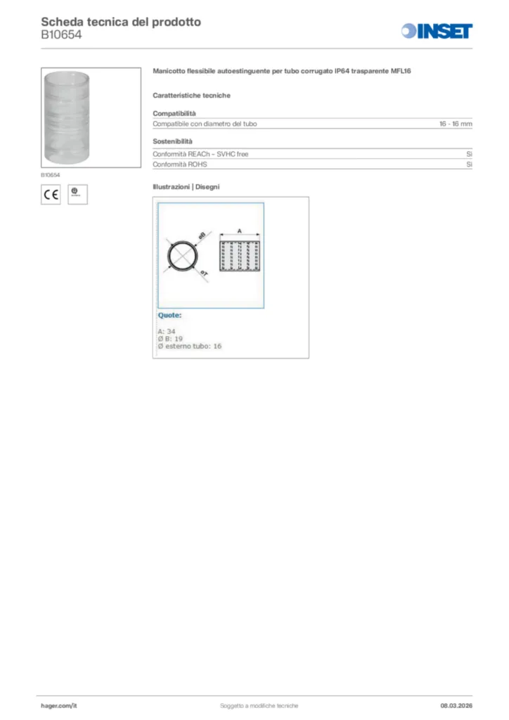 Immagine Inset Scheda tecnica del prodotto B10654 | Hager Italia