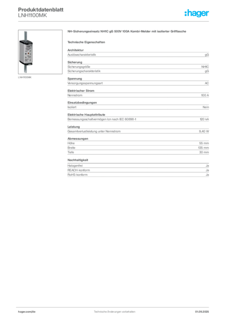 Hager Produktdatenblatt LNH1100MK