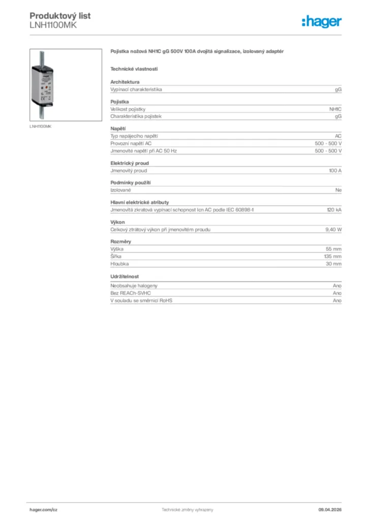 Obrázek Hager Product data sheet LNH1100MK | Hager
