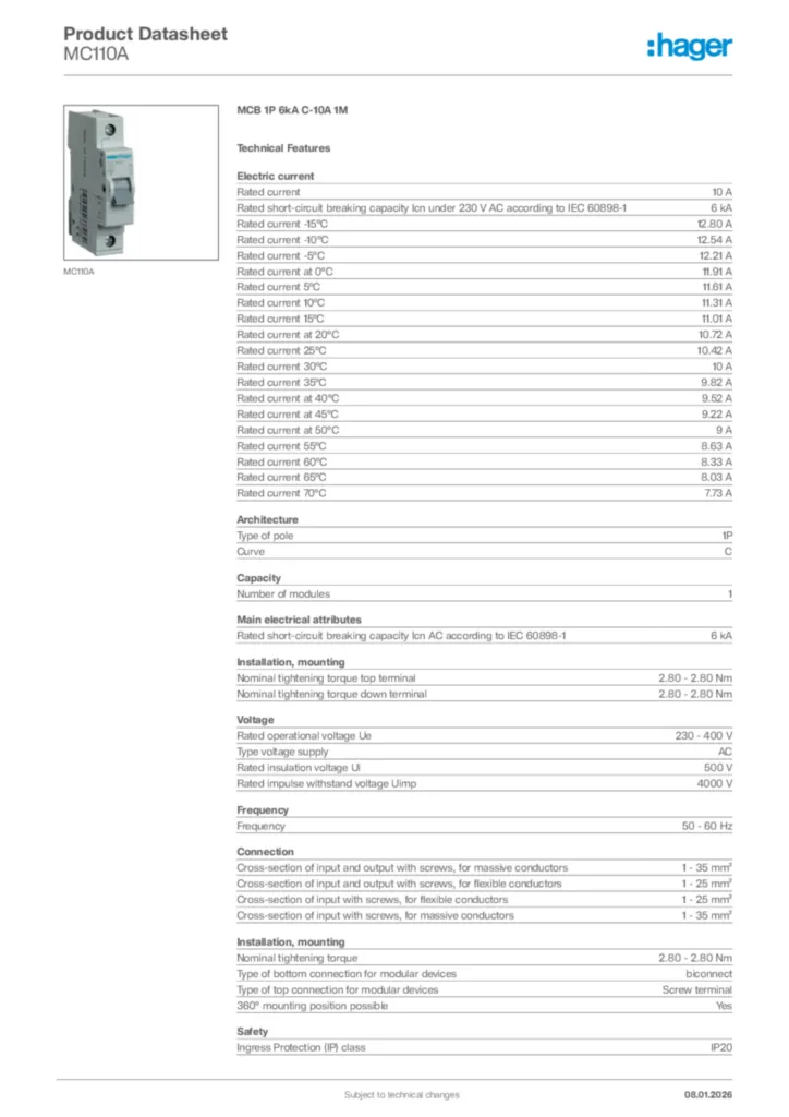 Image Hager Product data sheet MC110A  | Hager Africa