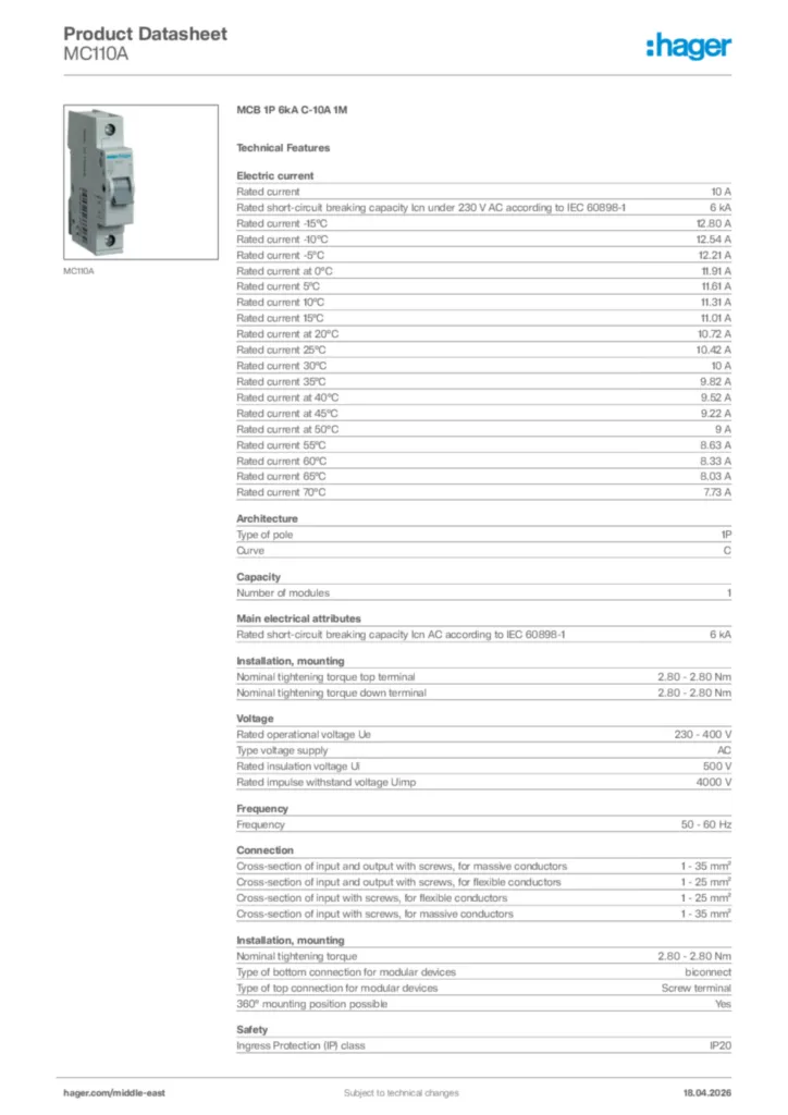 Image Hager Product data sheet MC110A  | Hager