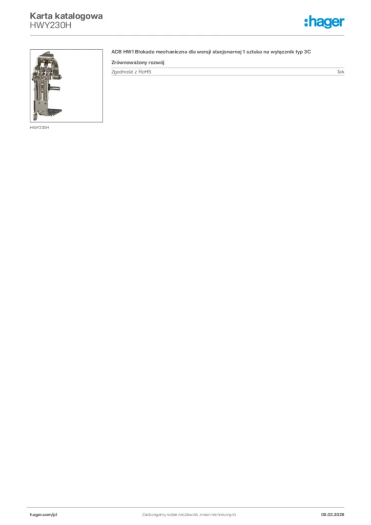 Zdjęcie Hager Karta katalogowa HWY230H | Hager Polska