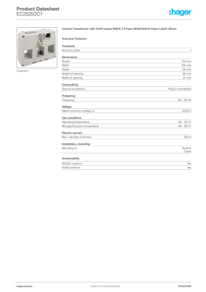 Image Hager Product data sheet EC25250CT  | Hager Australia