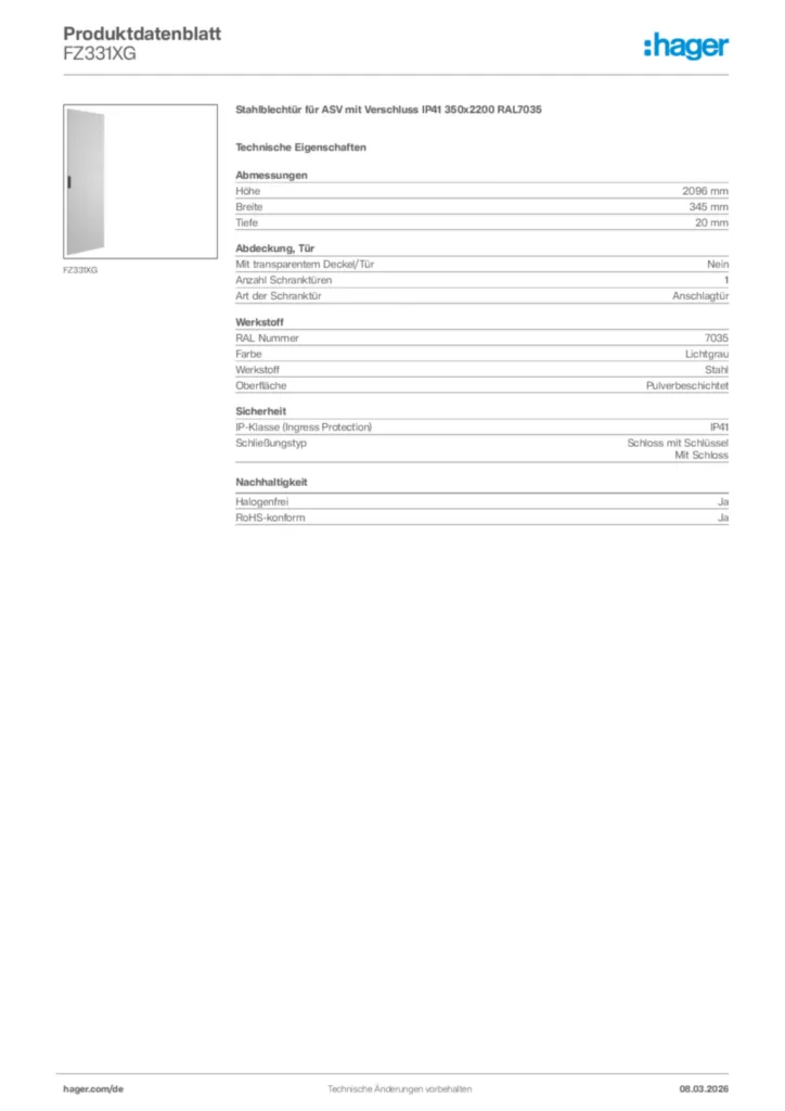 Bild Hager Produktdatenblatt FZ331XG | Hager Deutschland