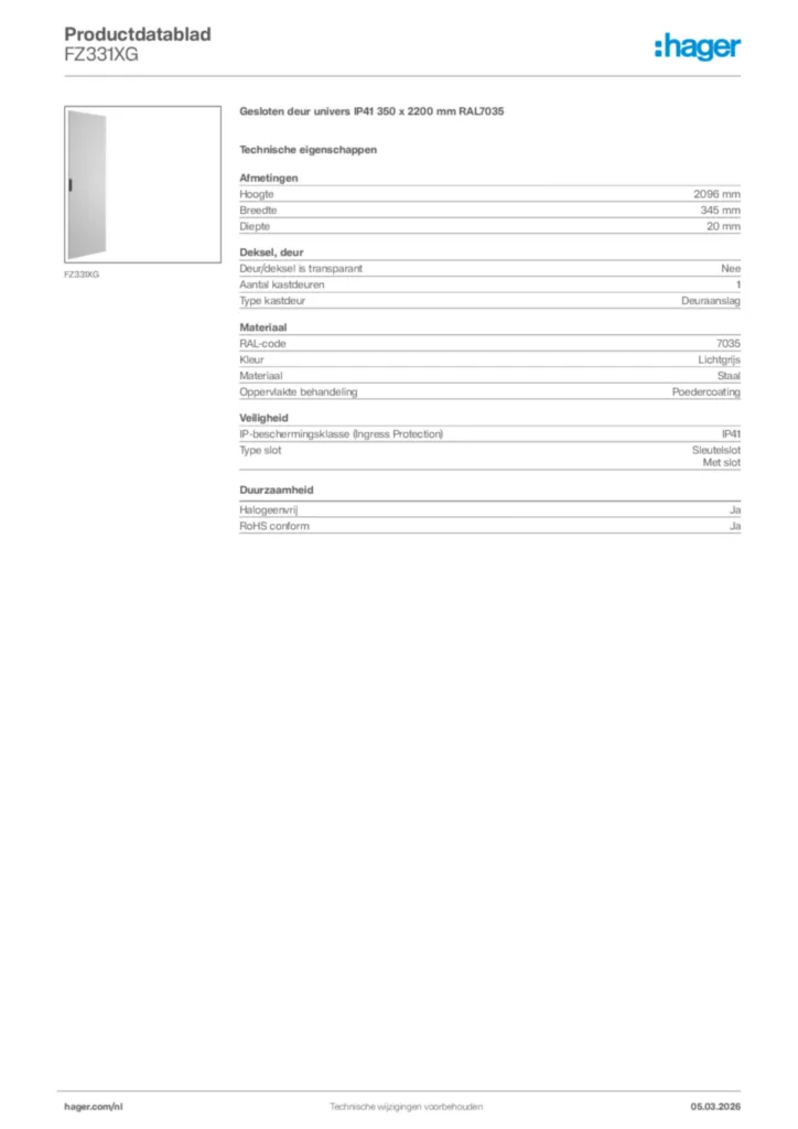 Afbeelding Hager Productdatablad FZ331XG | Hager Nederland