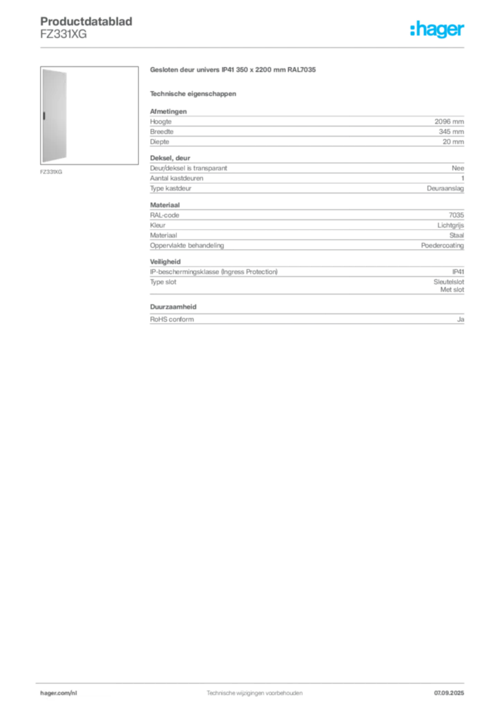 Afbeelding Hager Productdatablad FZ331XG | Hager Nederland