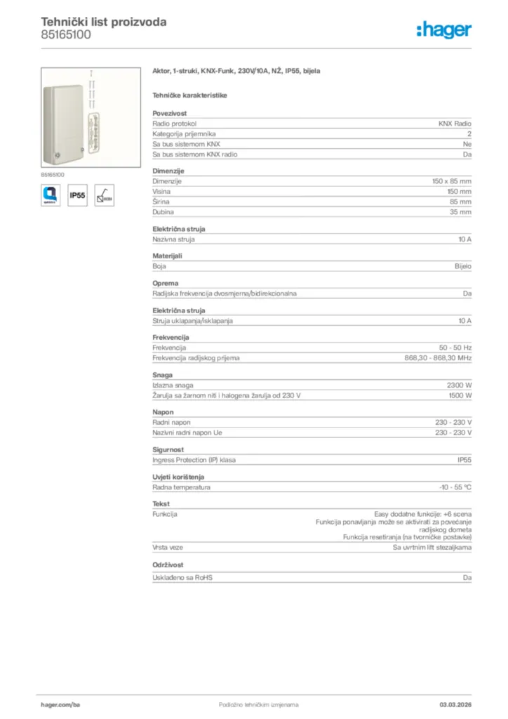 Slika Hager Tehnički list proizvoda 85165100  | Hager
