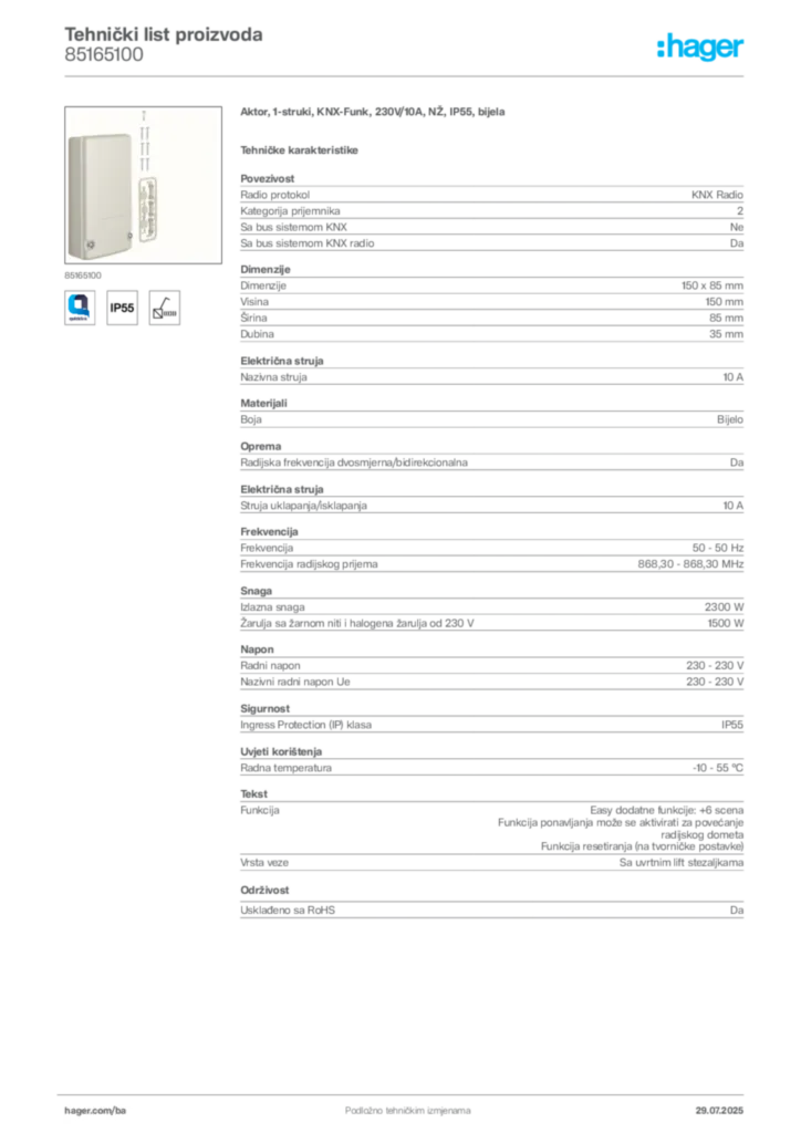Slika Hager Product data sheet 85165100  | Hager
