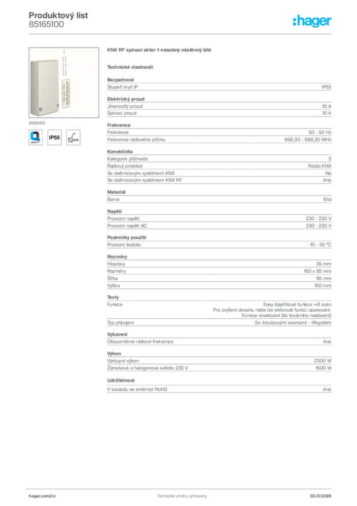 Obrázek Hager Produktový list 85165100 | Hager
