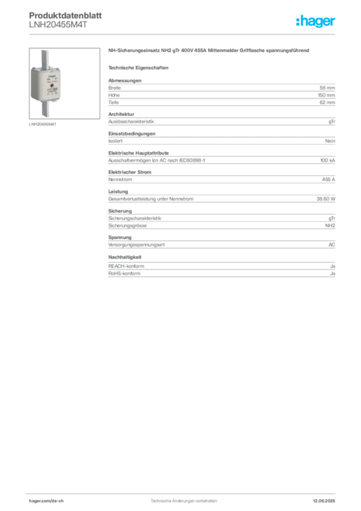 Bild Hager Produktdatenblatt LNH20455M4T | Hager Schweiz