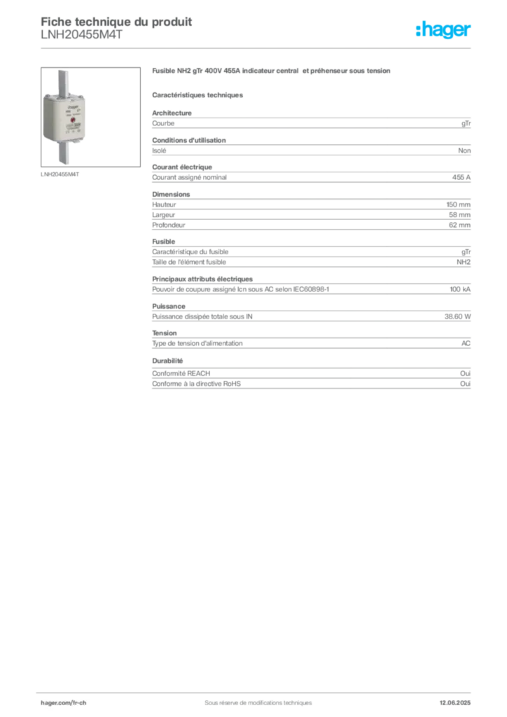 Image Hager Fiche technique du produit LNH20455M4T | Hager Suisse