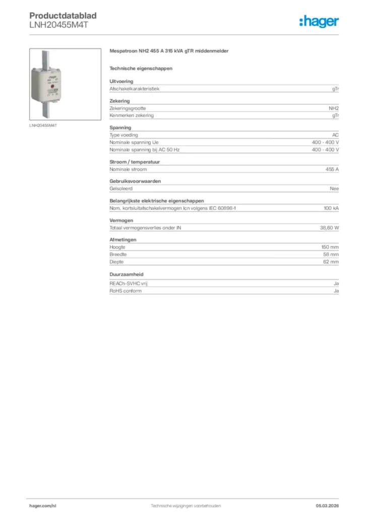 Afbeelding Hager Productdatablad LNH20455M4T | Hager Nederland