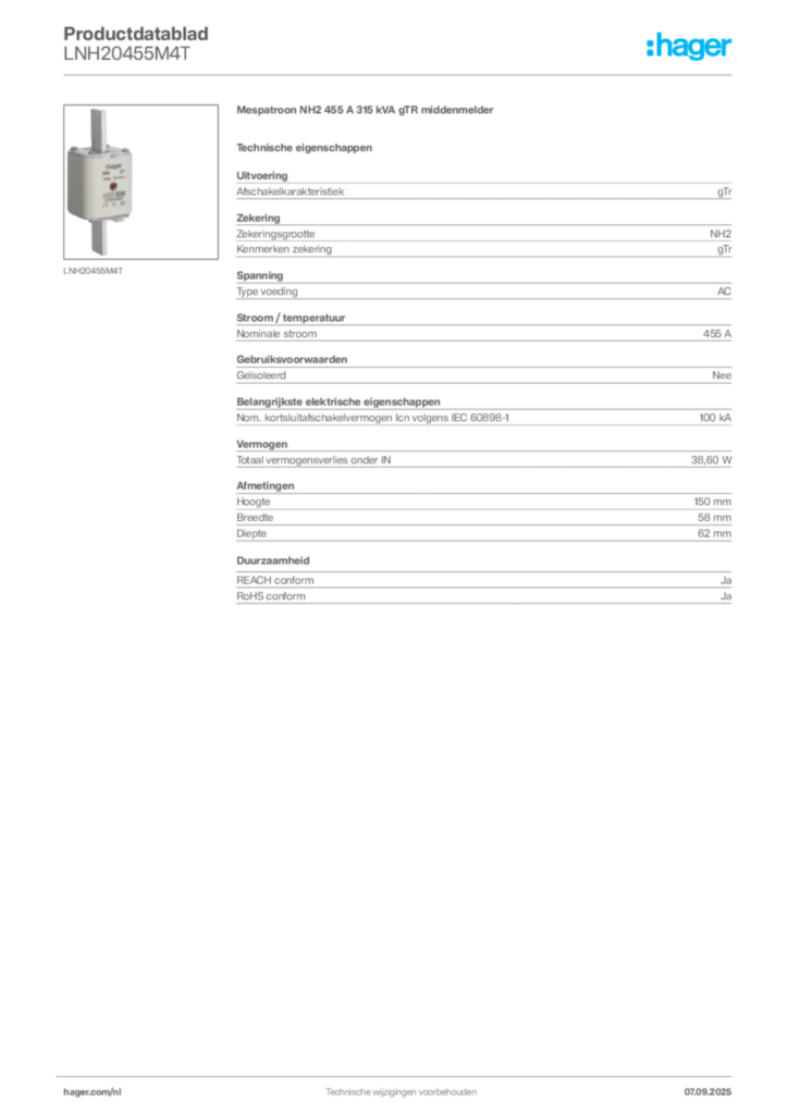 Afbeelding Hager Productdatablad LNH20455M4T | Hager Nederland