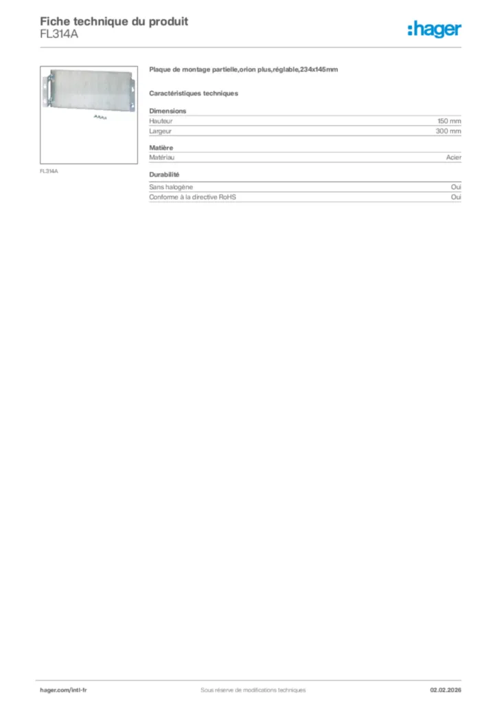 Image Hager Fiche technique du produit FL314A | Hager Afrique