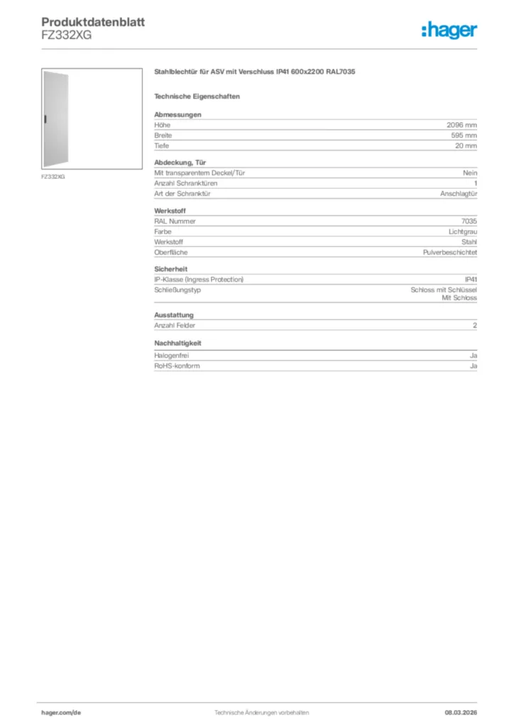 Bild Hager Produktdatenblatt FZ332XG | Hager Deutschland
