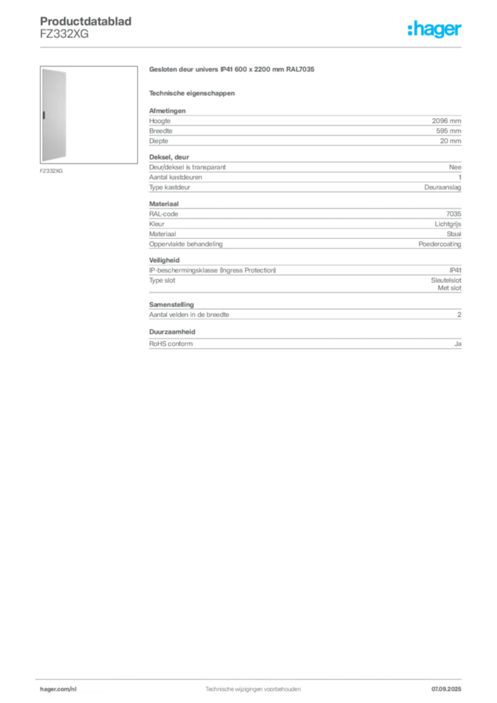Afbeelding Hager Productdatablad FZ332XG | Hager Nederland