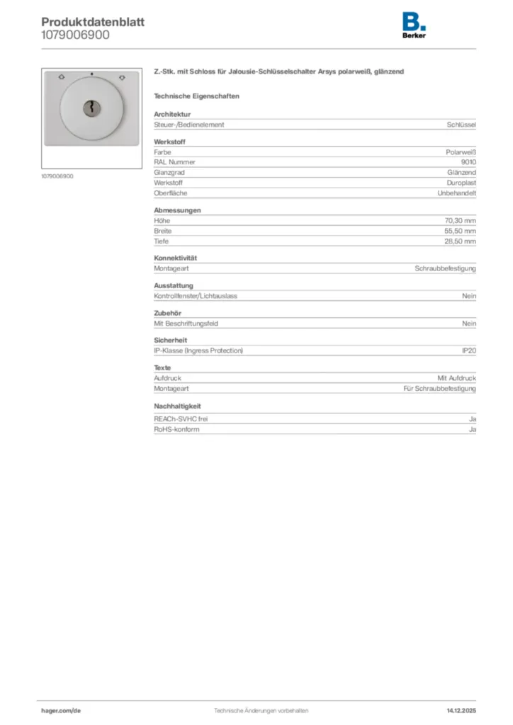 Bild Berker Produktdatenblatt 1079006900 | Hager Deutschland