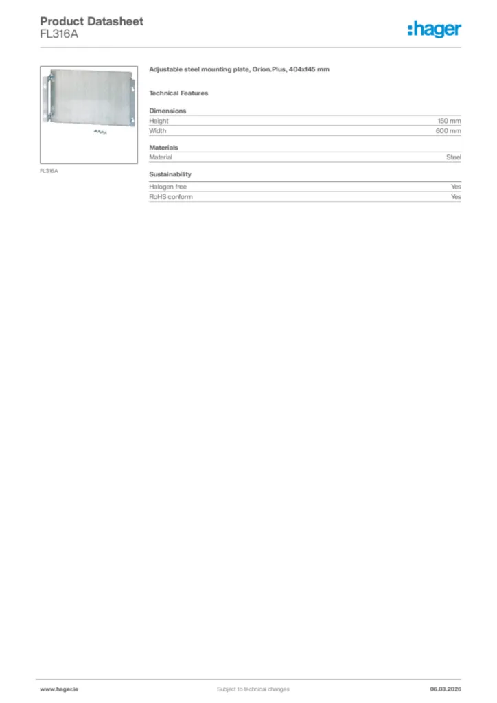 Image Hager Product data sheet FL316A  | Hager