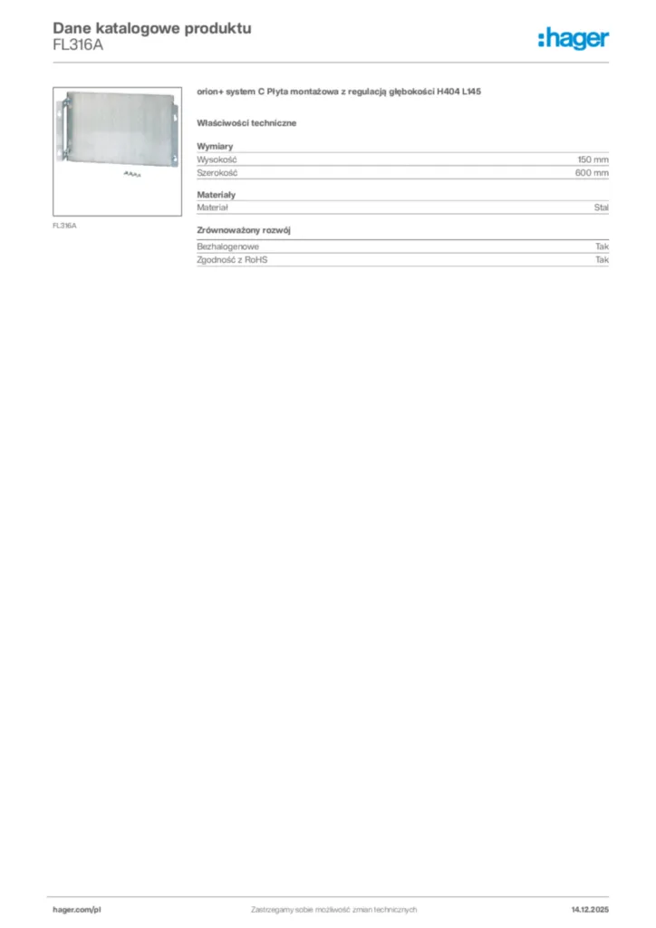 Zdjęcie Hager Karta katalogowa FL316A | Hager Polska