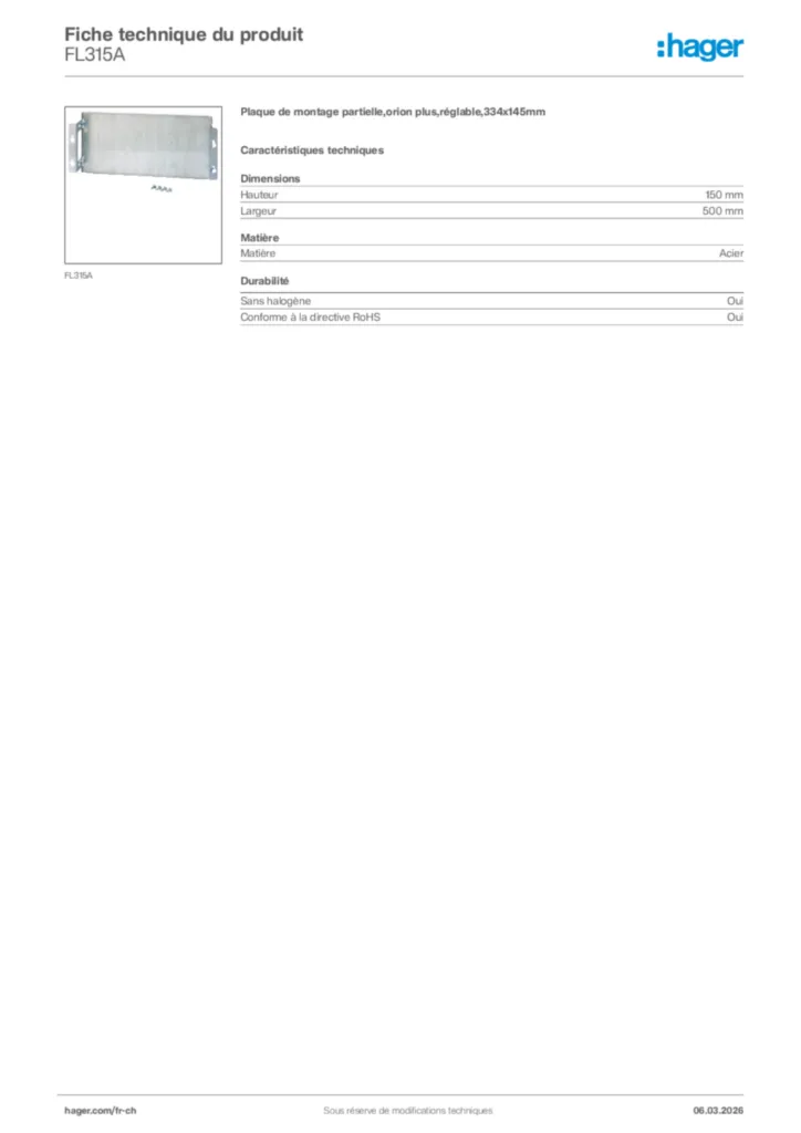 Image Hager Fiche technique du produit FL315A | Hager Suisse