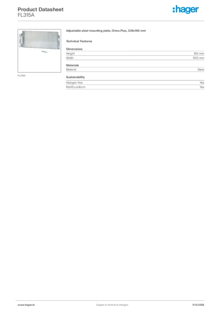 Image Hager Product data sheet FL315A  | Hager