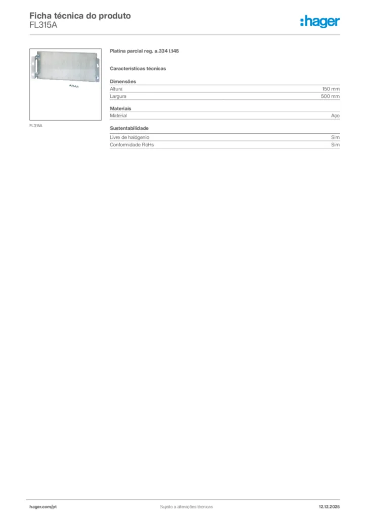 Imagem Hager Ficha técnica do produto FL315A | Hager Portugal