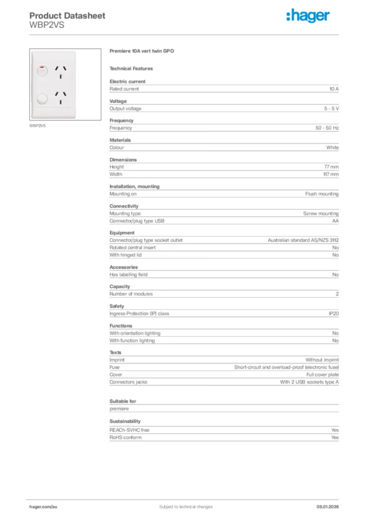 Image Hager Product data sheet WBP2VS  | Hager Australia