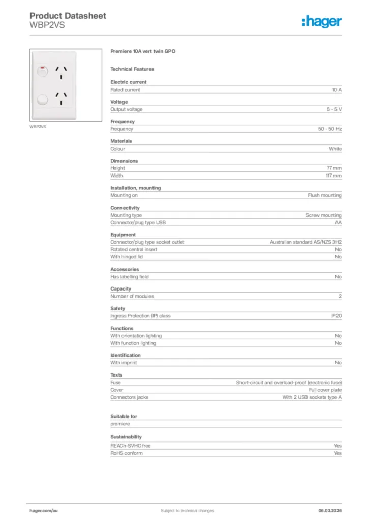 Image Hager Product data sheet WBP2VS  | Hager Australia
