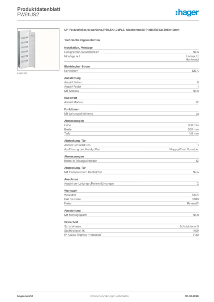 Bild Hager Produktdatenblatt FW61US2 | Hager Deutschland