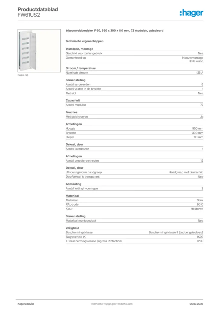 Afbeelding Hager Productdatablad FW61US2 | Hager Nederland