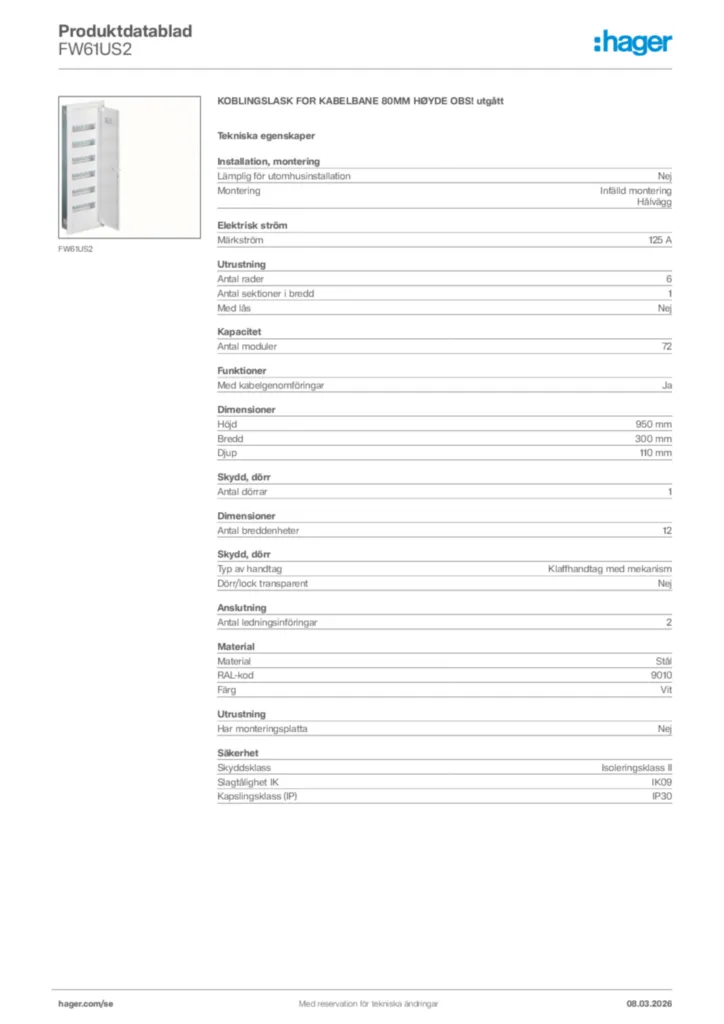 Bild Hager Produktdatablad FW61US2 | Hager Sverige