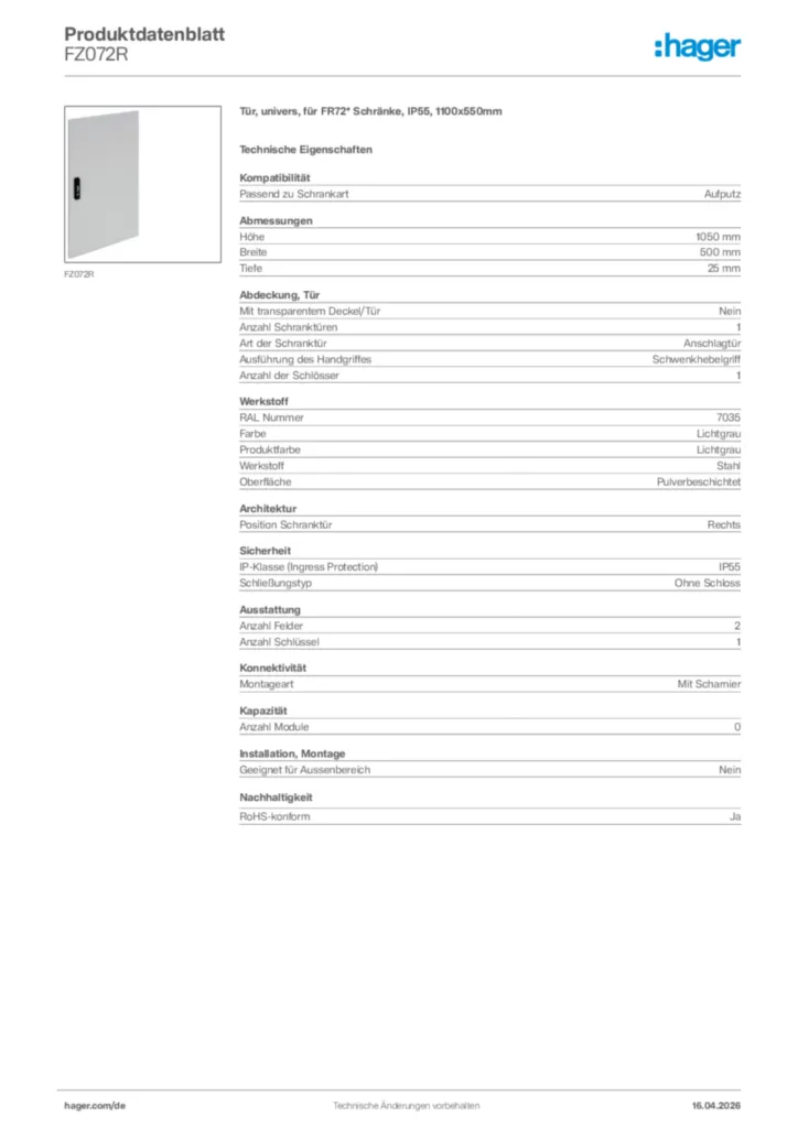 Bild Hager Produktdatenblatt FZ072R | Hager Deutschland
