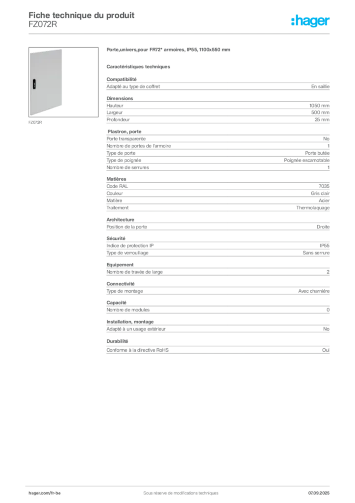 Image Hager Fiche technique du produit FZ072R | Hager Belgique