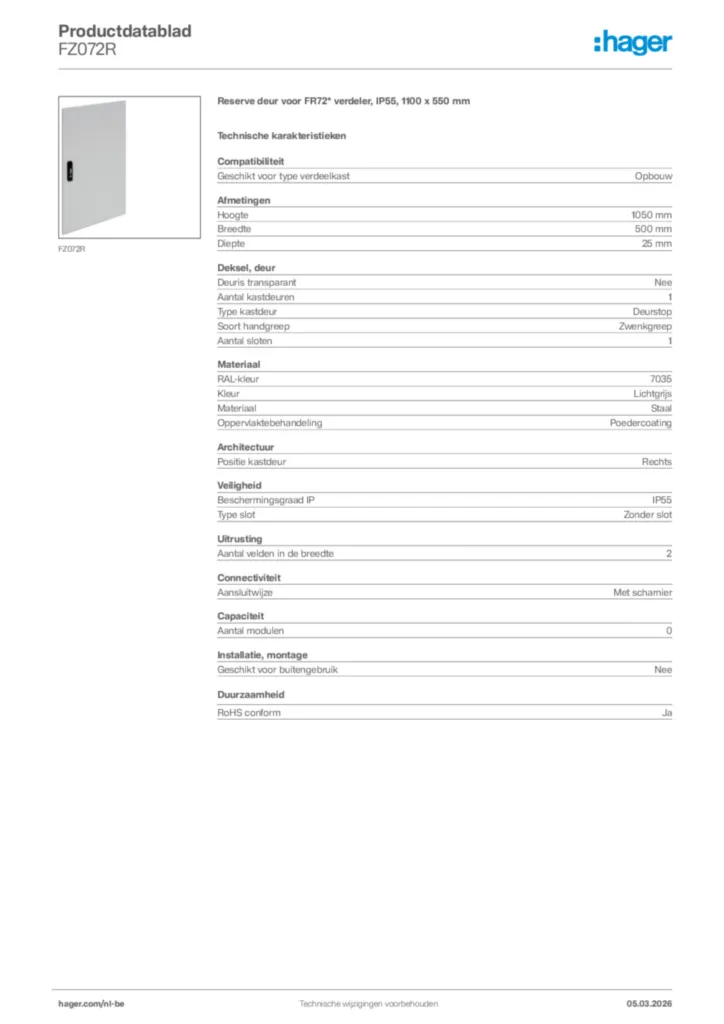 Afbeelding Hager Productdatablad FZ072R | Hager Belgium